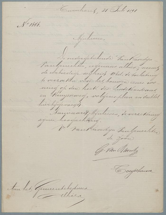 Van Ravestyn-Van Genechten, Lindekensstraat (op hoek met Kruysseweg), bouwen woning, 25/8/1891 