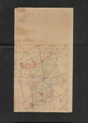 Kaart van Geel op schaal 1:25000 met aanduiding van rode gearceerde zones en aanduiding van punten met cijfers, opgemaakt door NV Patria, Antwerpen