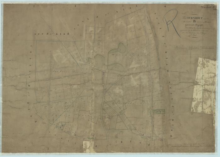 "Gemte Turnhout in 19 sect[ties], de sectie B in zeven bladen genaamd Heijzijde. Het blad 6"