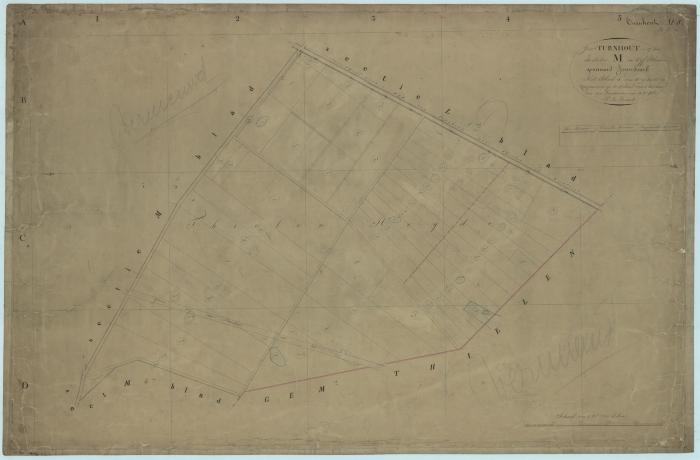 "Gemte Turnhout in 19 sect[ties], de sectie M in vijf bladen genaamd Zeverdonck. Het blad 5"