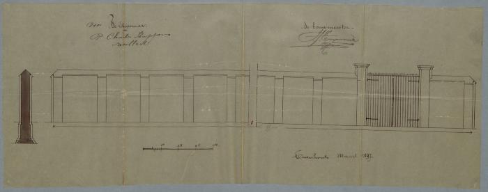 Pater Kuppens Charles , Patersstraat (palende aan het Kruysse straatje), Vrankrijk bouwen afsluitingsmuur met inrijpoort, 6/4/1897