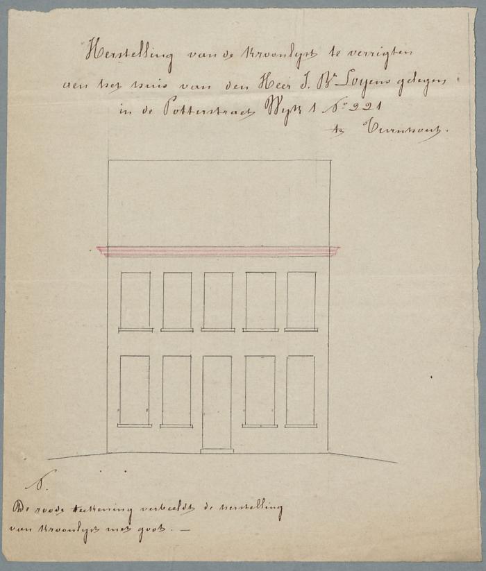 Loyens J.B., Patersstraat , Wijk 1 nr. 221, veranderingswerken aan gevel (dakgoot en corniche), 18/11/1856