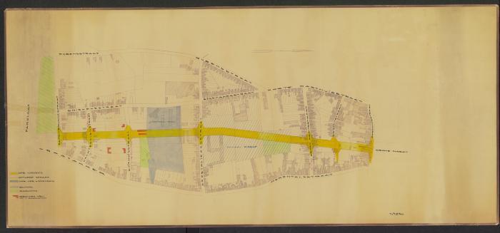 Kaart met aanduiding van een niet uitgevoerde straat van de Parklaan naar de Grote Markt
