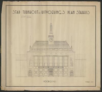 "Stad Turnhout. Uitvoerings Plan Stadhuis", tekening van de voorgevel van het stadhuis, opgemaakt door Alexis Dumont en Emile J. Patoux
