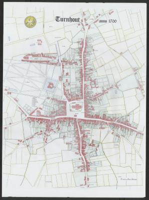 "Turnhout anno 1700", ingekleurde kaart van Turnhout met aanduiding van de historische huisnamen en straatnamen, opgemaakt door Marc Berrens
