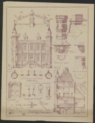 "Stadhuis van Hoogstraeten", geveltekening, doorsnede en details, afdruk, opgemaakt door Schellekens

