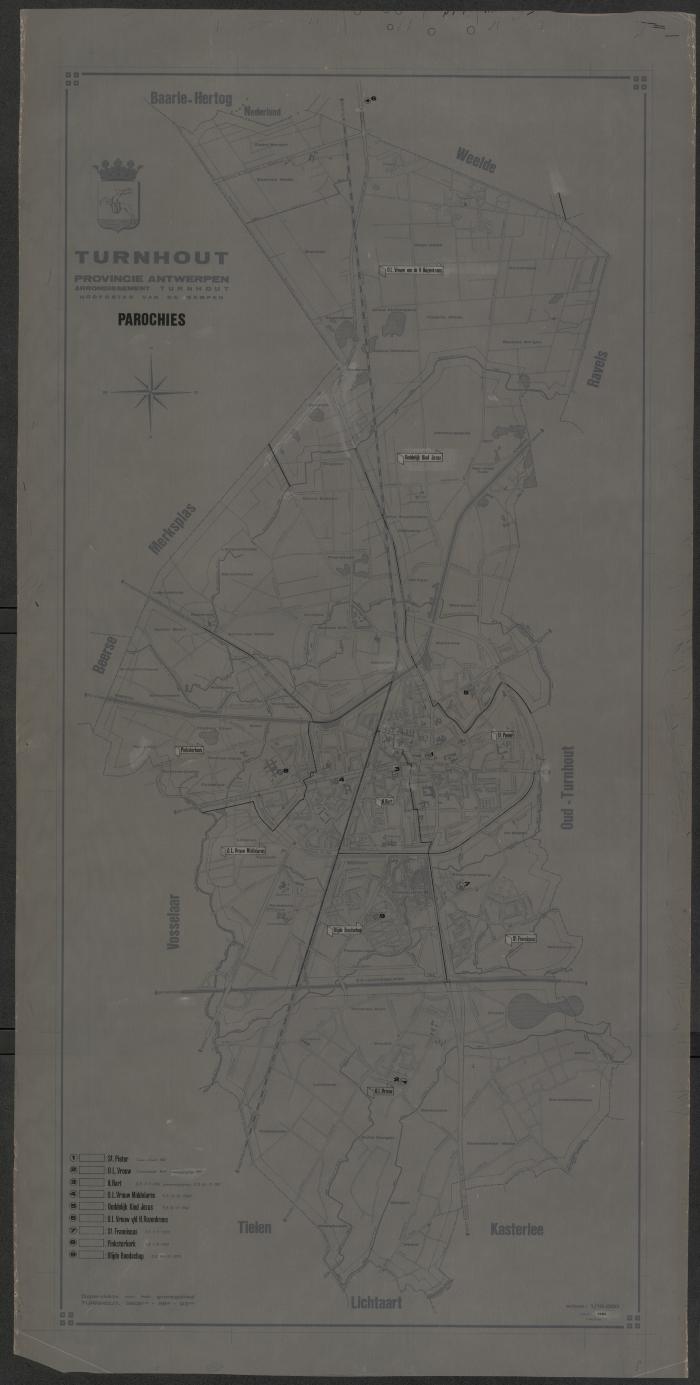 "Turnhout. Provincie Antwerpen. Arrondissement Turnhout. Hoofdstad der Kempen. Parochies", kaart van Turnhout met aanduiding van de parochies
