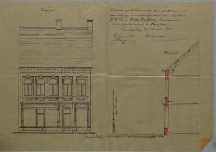 Crols-Moorkens H. (weduwe), Gasthuisstraat tegen de steenweg van Antwerpen naar Turnhout, Wijk T nrs. 264 en 265, herbouwen huizing, 12/3/1892