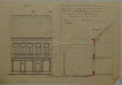 Crols-Moorkens H. (weduwe), Gasthuisstraat tegen de steenweg van Antwerpen naar Turnhout, Wijk T nrs. 264 en 265, herbouwen huizing, 12/3/1892