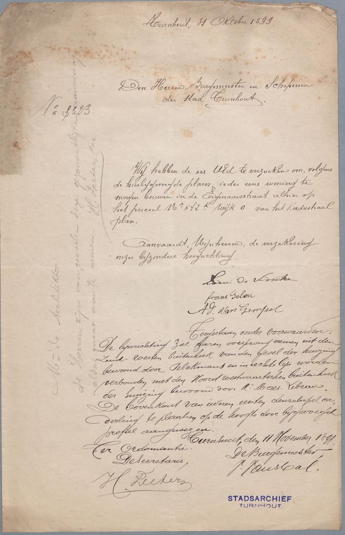 De Visscher Louis Selen Frans Van Gompel Ad, Eigenaarsstraat sectie O nr. 642r, 3 woningen bouwen (ieder één), 11/11/1899