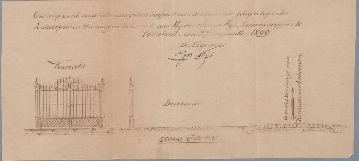 Nijs Jos, aan eigendom gelegen langs de staatsbaan van Antwerpen naar Turnhout op het grondgebied van de stad Turnhout tussen paal 40 en 41, plaatsen ijzeren hekken, 4/11/1899