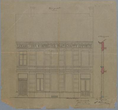 Verschoren Louis, Hofstraat , nr. 2[1], Lokaal der Koninklyke Maatschappy Orpheus heropbouwen huizing, 20/6/1895