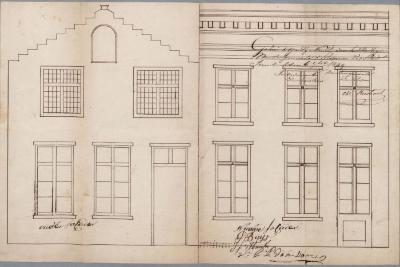 
Van Dooren [P.] L. (weduwe), Papenstraatje - hoek straat, veranderen voorgevel huizing, 6/[11]/1849
