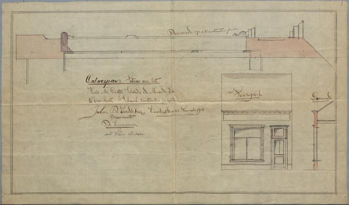 De Landsheer Juliaan, de Merodelei nr. 139 - Staatsbaan van Oostmalle naar Turnhout, vitrine steken in voorgevel huis, 7/12/1906