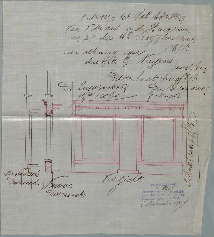 Nuyens Guil. Korte Begijnenstraat nr. 28, plaatsen 2 vitrines in voorgevel huizing, 8/11/1907