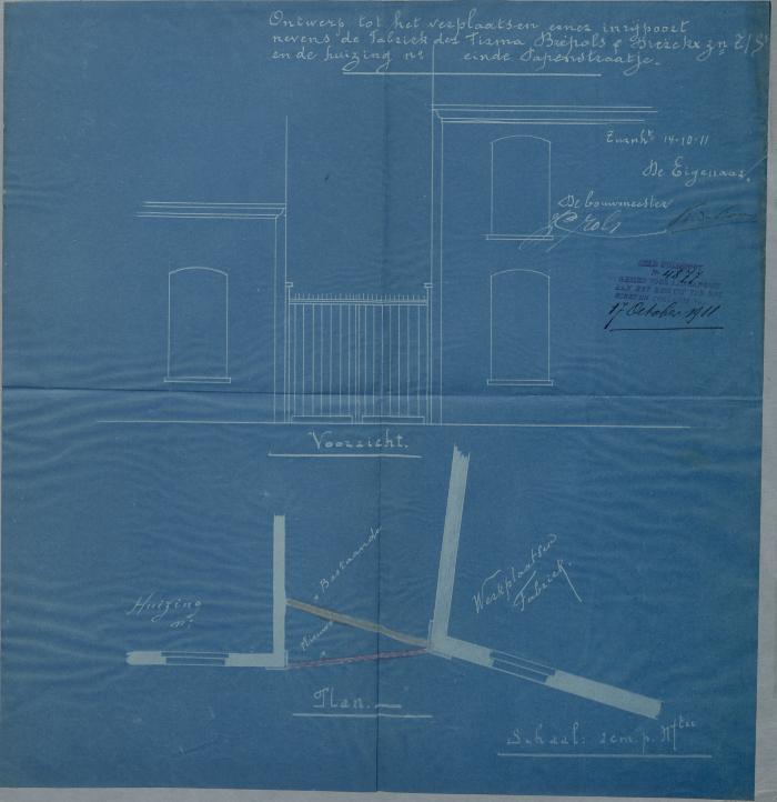 Firma Brepols en Dierckx zonen, einde Papenstraatje, verplaatsen inrijpoort naast huizing en fabriek, 17/10/1911