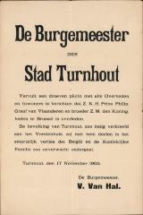 "De Burgemeester de Stad Turnhout (…) Z.K.H. Prins Philip Graaf van Vlaanderen en broeder Z.M. de Koning heden te Brussel is overleden (…) 17 november 1905", affiche
