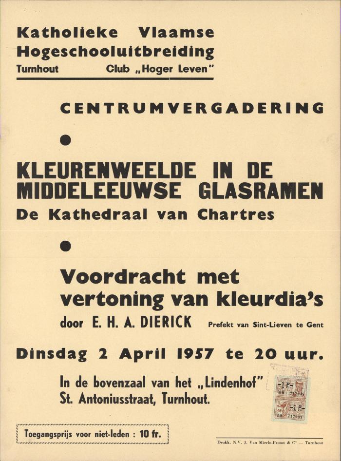 "Centrumvergadering Kleurenweelde in de middeleeuwse glasramen (…) dinsdag 2 april 1957", affiche
