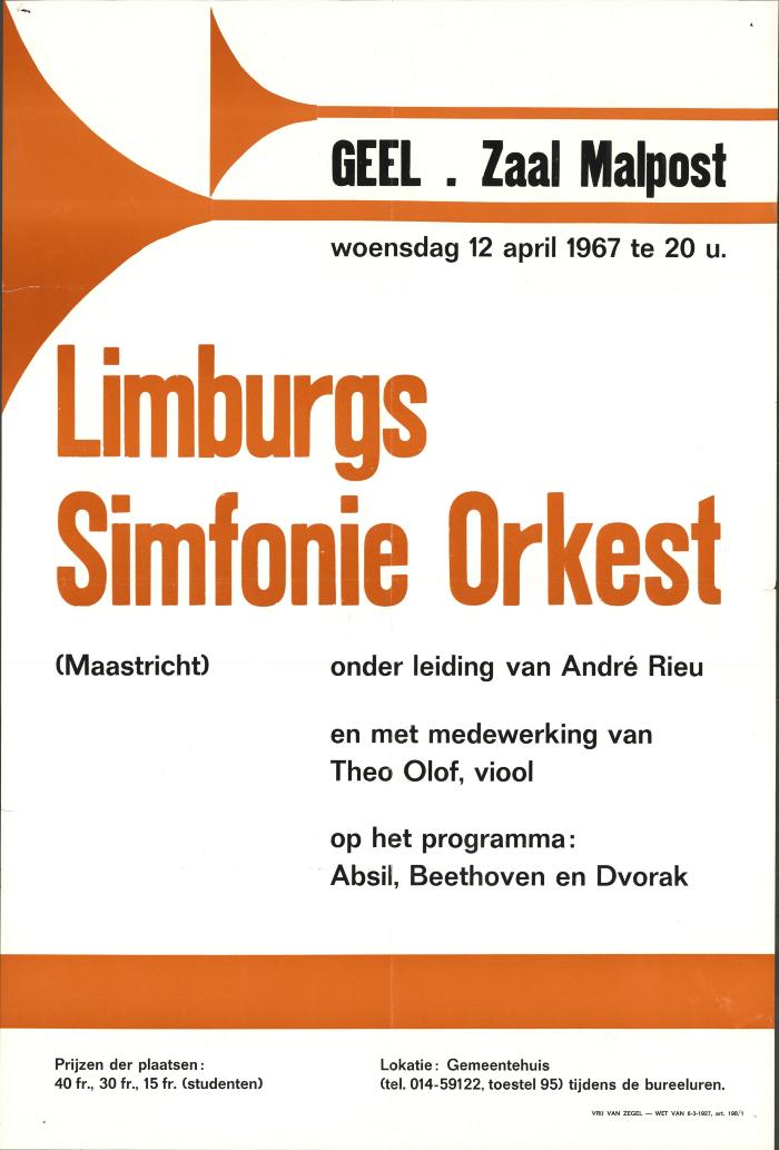 "Limburgs simfonie orkest (…) woensdag 12 april 1967", affiche
