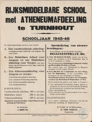 "Rijksmiddelbare school met atheneumafdeling te Turnhout. Schooljaar 1945-1946", affiche
