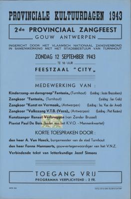 "Provinciale Kultuurdagen 1943. 2de provinciaal zangfeest (…) 12 september 1943", affiche
