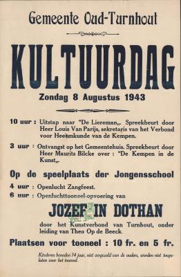 "Gemeente Oud-Turnhout. Kultuurdag zondag 8 augustus 1943", affiche
