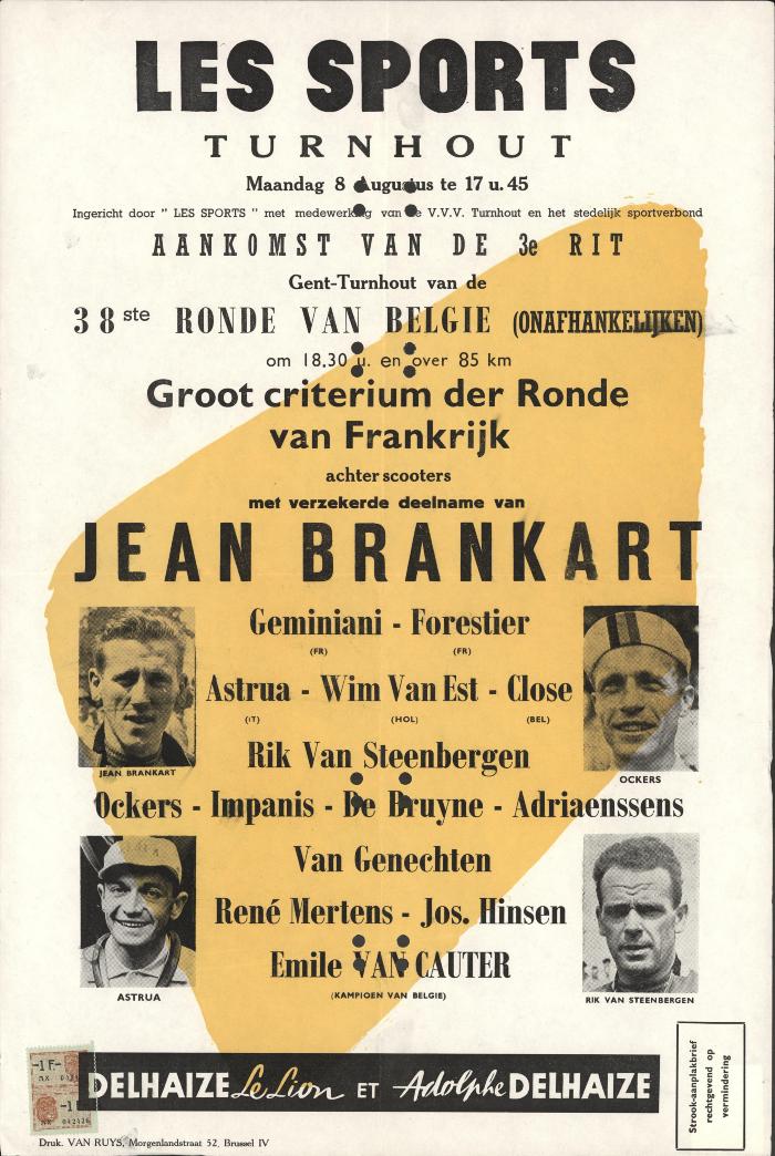 "Aankomst van de 3e rit Gent-Turnhout van de 38e ronde van België (…) maandag 8 augustus", affiche
