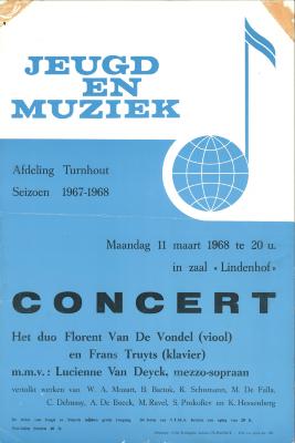 "Jeugd en Muziek: Concert (…) maandag 11 maart 1968", affiche
