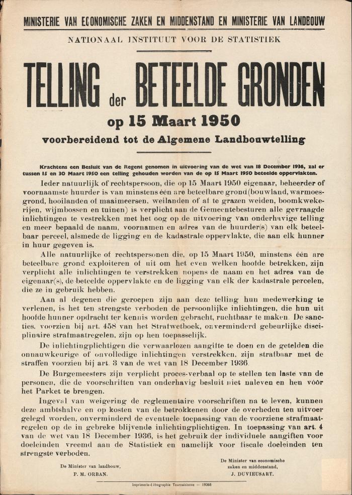 "Telling der beteelde gronden op 15 maart 1950 voorbereidend tot de algemene landbouwtelling", affiche
