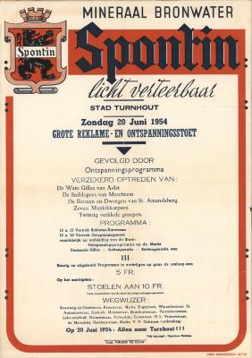"Stad Turnhout. Grote reklame- en ontspanningsstoet (…) 20 juni 1954", affiche
