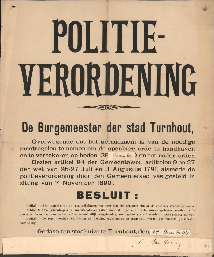 "Politieverordening (…) noodige maatregelen te nemen om de openbare orde te handhaven (…) 13 november 1934", affiche
