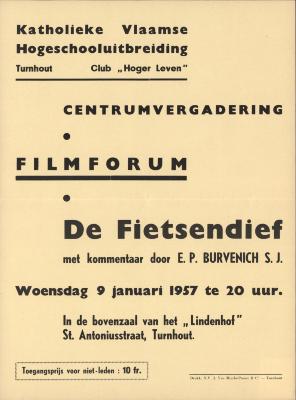 "Centrumvergadering Filmforum De fietsendief (…) woensdag 9 januari 1957", affiche
