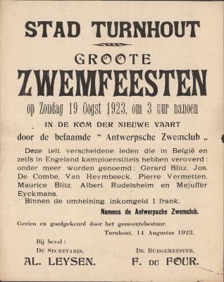 "Stad Turnhout Groote zwemfeesten op zondag 19 oogst 1926 (…) 14 augustus 1923", affiche

