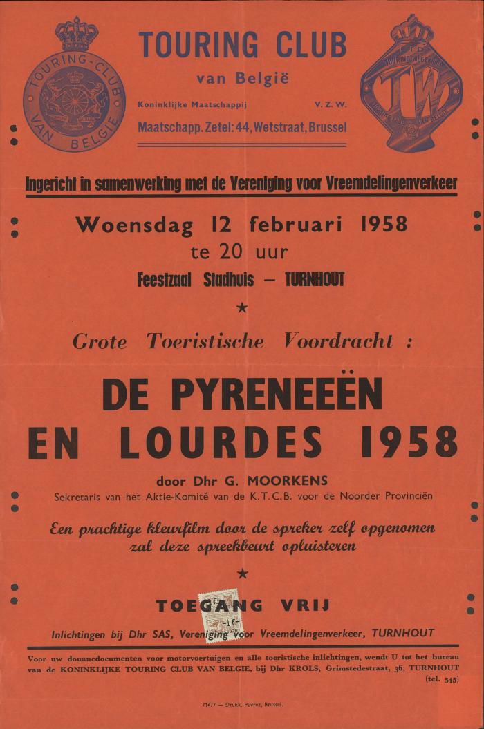 "Grote toeristische voordracht: de Pyreneeën en Lourdes 1958 (…) woensdag 12 februari 1958", affiche
