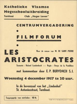 "Centrumvergadering Filmforum Les Aristocrats (…) woensdag 4 december 1957", affiche
