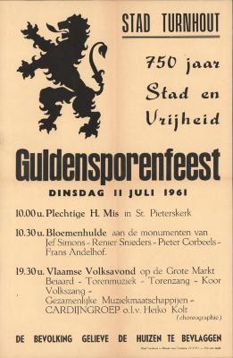 "Guldensporenfeest 750 jaar Stad en Vrijheid (…) dinsdag 11 juli 1961", affiche
