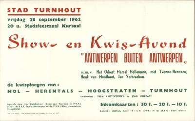 "Show- en kwisavond 'Antwerpen buiten Antwerpen' (…)28 september 1962", affiche
