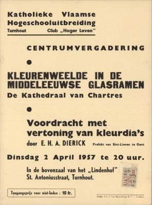 "Centrumvergadering Kleurenweelde in de middeleeuwse glasramen (…) dinsdag 2 april 1957", affiche
