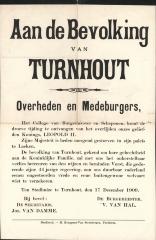 "Aan de Bevolking van Turnhout (…) overlijden onzes geliefde Konings Leopold II (…) 17 december 1909", affiche
