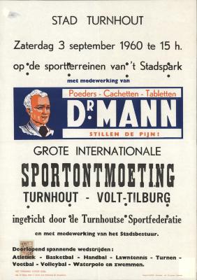 "Grote internationale sportontmoeting Turnhout - Volt - Tilburg (…) zaterdag 3 september 1960", affiche
