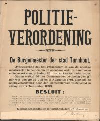"Politieverordening (…) noodige maatregelen te nemen om de openbare orde te handhaven (…) 13 november 1934", affiche
