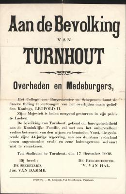 "Aan de Bevolking van Turnhout (…) overlijden onzes geliefde Konings Leopold II (…) 17 december 1909", affiche
