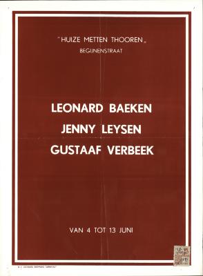 "Leonard Baeken, Jenny Leysen, Gustaaf Verbeek (…) van 4 tot 13 juni", affiche
