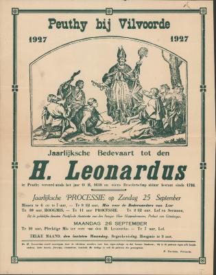 "Peuthy bij Vilvoorde Jaarlijkse Bedevaart tot den H. Leonardus (…) mis voor de bedevaarders van Lier (…) zondag 25 september 1927", affiche
