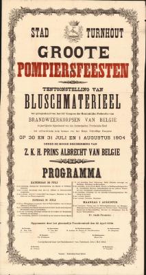 "Stad Turnhout. Groote pompiersfeesten tentoonstelling van bluschmatrieel (…) 30 en 31 juli 1 augustus", affiche
