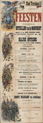 "Feesten ter gelegenheid der onthulling van het monument opgericht ter eere onzer gesneuvelde helden en zegevierende strijders en der blijde intrede (…) prins Leopold (…) 1,2 en 3 juli 1922", affiche
