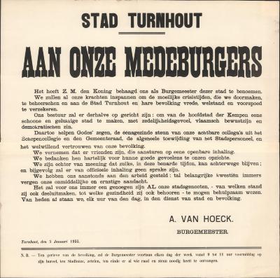" Stad Turnhout. Aan onze medeburgers. Het heeft Z.M. de Koning gehaagd ons als burgemeester dezer stad te benoemen (…) A. Van Hoeck", affiche
