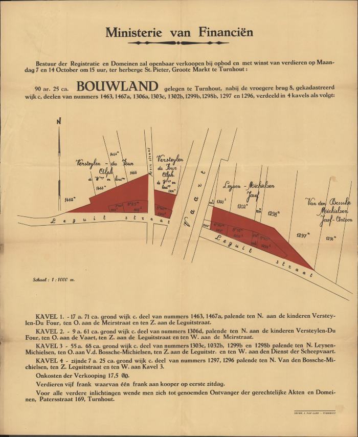 " Bestuur der registratie en domeinen zal openbaar verkoopen (…) bouwland gelegen te Turnhout nabij de vroegere brug 8", affiche
