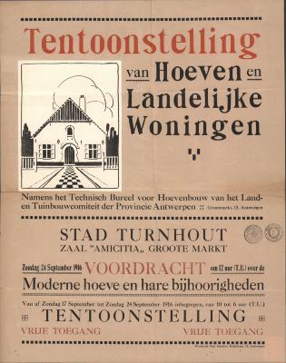 "Tentoonstelling van hoeven en landelijke woningen (…) stad Turnhout (…) 17 september tot 24 september", affiche
