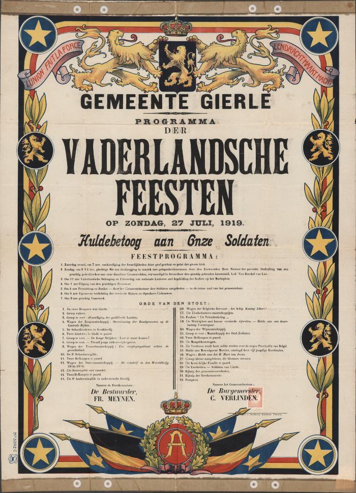 "Gemeente Gierle Programma der Vaderlandsche feesten op zondag 27 juli 1919", affiche
